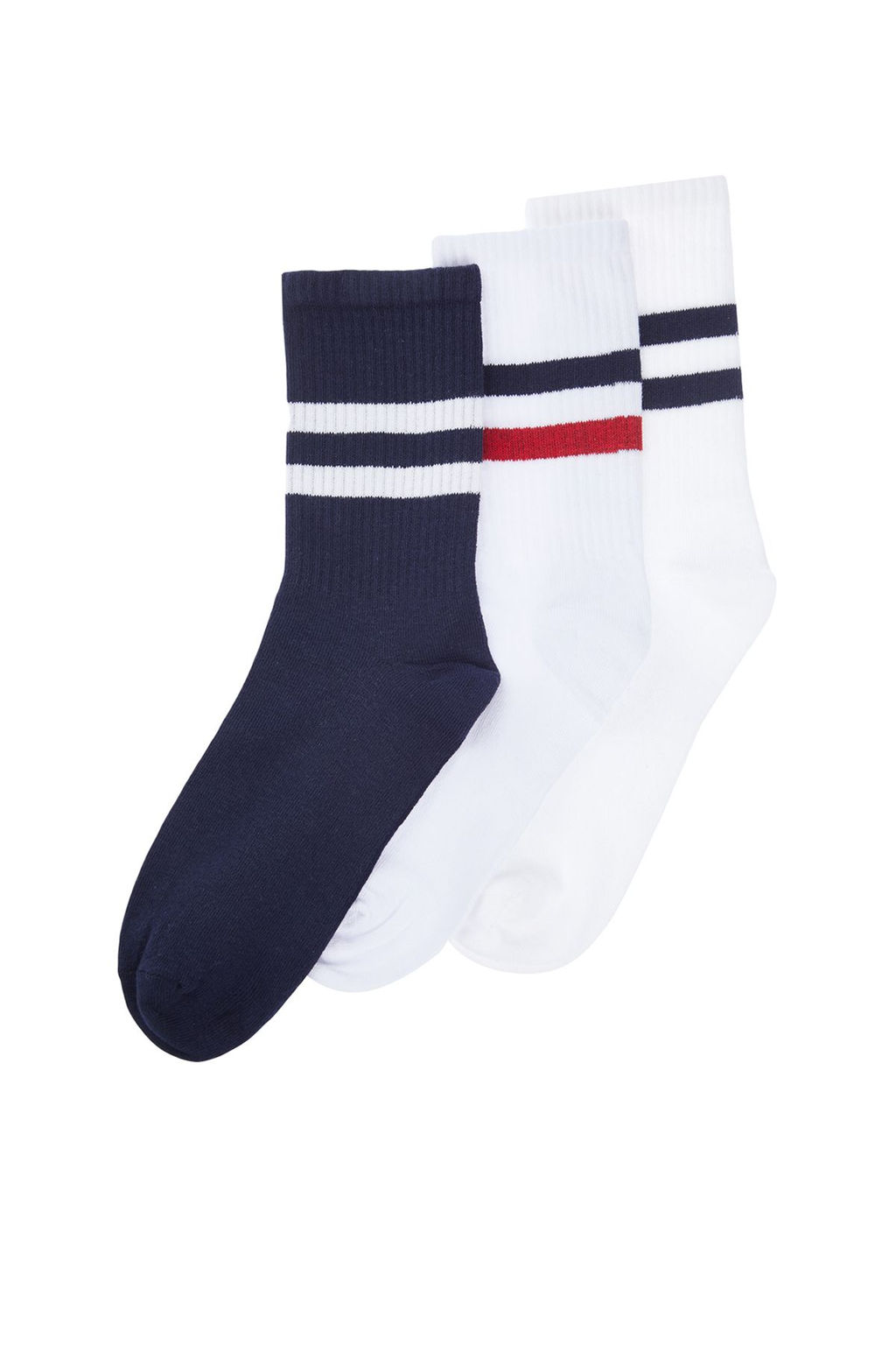 TRENDYOL MAN Lacivert-Beyaz Unisex 3lu Pamuklu Cizgili Kolej-Tenis-Orta Boy Corap TMNSS24CO00022