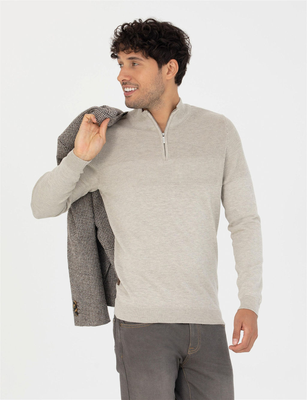 Kum Melanj Slim Fit Fermuarl_ Dik Yaka Triko Kazak