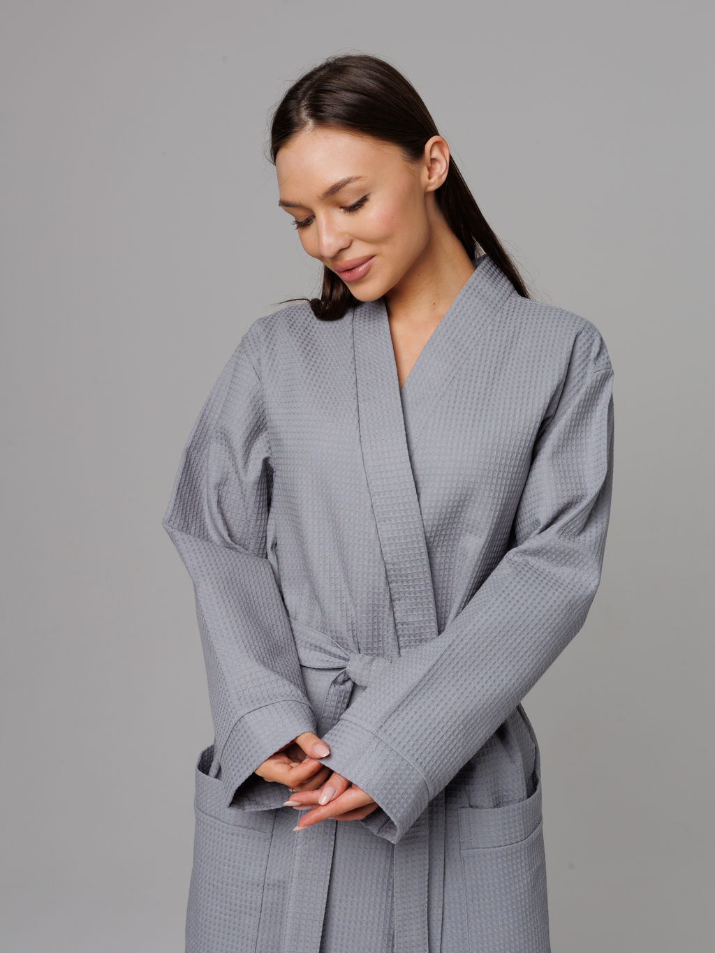 Женский вафельный халат с планкой серый В-02 (20)