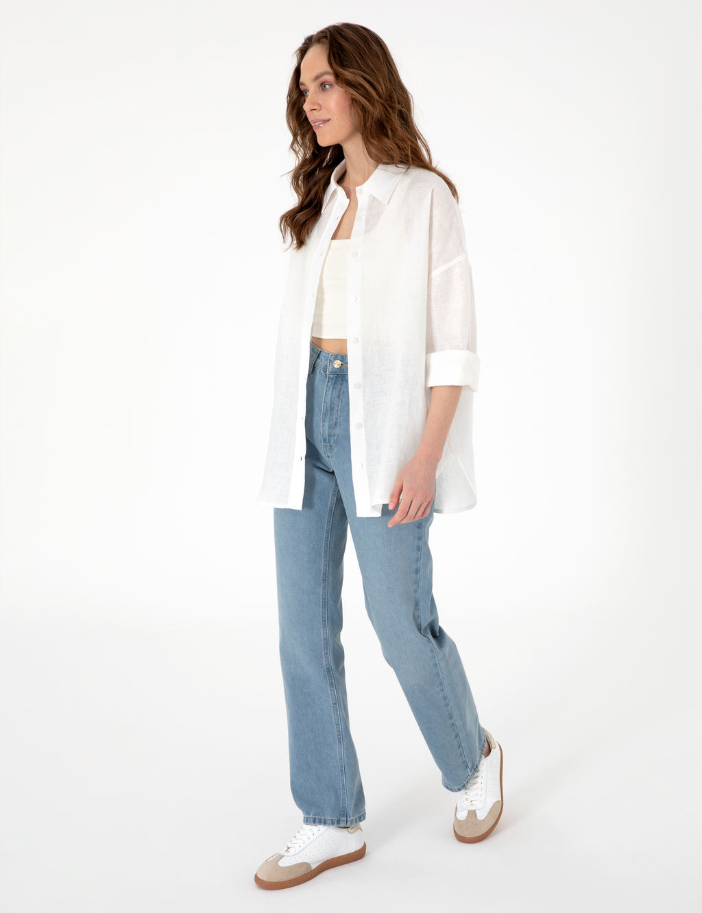 Beyaz Oversize Uzun Kollu %100 Keten G_mlek