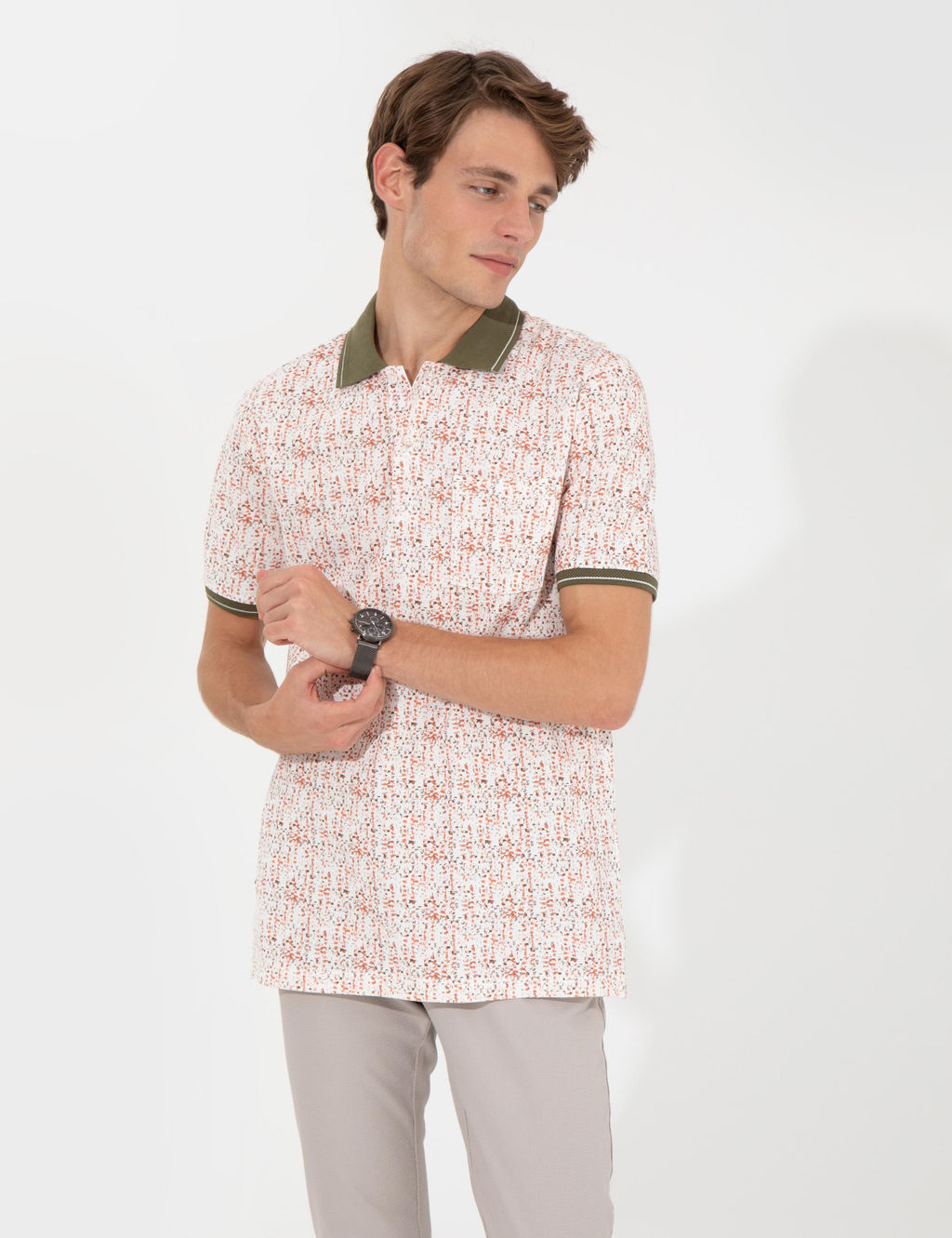 Haki Regular Fit Desenli Polo Yaka Ti__rt