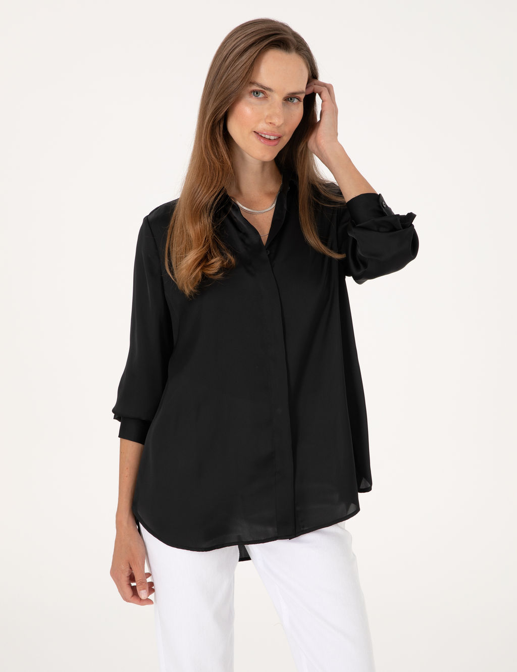 Siyah Comfort Fit Saten Uzun Kollu G_mlek