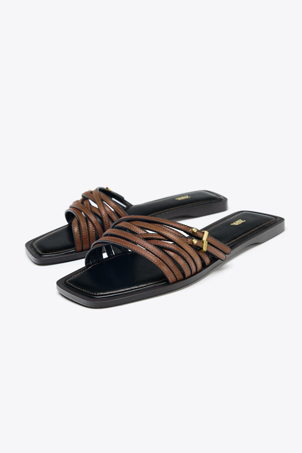 LEATHER STRAPPY SLIDERS WITH BUCKLE - Zara фото 2