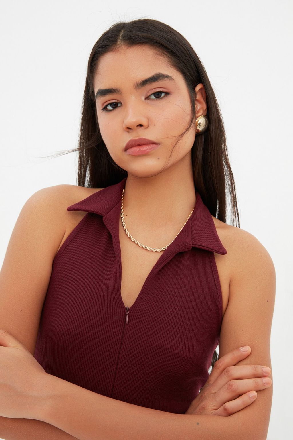 Bordo Vucuda Oturan Polo Yaka Mini Fitilli Esnek Orme Kalem Elbise TWOSS22EL1981