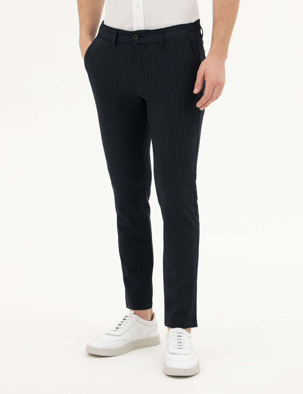 Lacivert Slim Fit _izgili Kanvas Pantolon