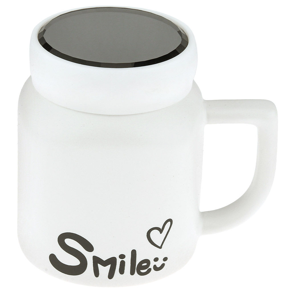 Кружка фарфоровая Smile 480мл, 8,7х8,7см h11см, матовая глазурь, с деколью, цвет - белый, пластмассовая, винтовая крышка, герметичная, с силиконовым уплотнителем, д/горла 6,3см, д/основания 6см, в подарочной коробке (Китай)
