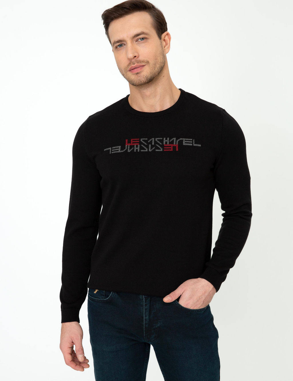 Siyah Slim Fit Bisiklet Yaka Triko Kazak