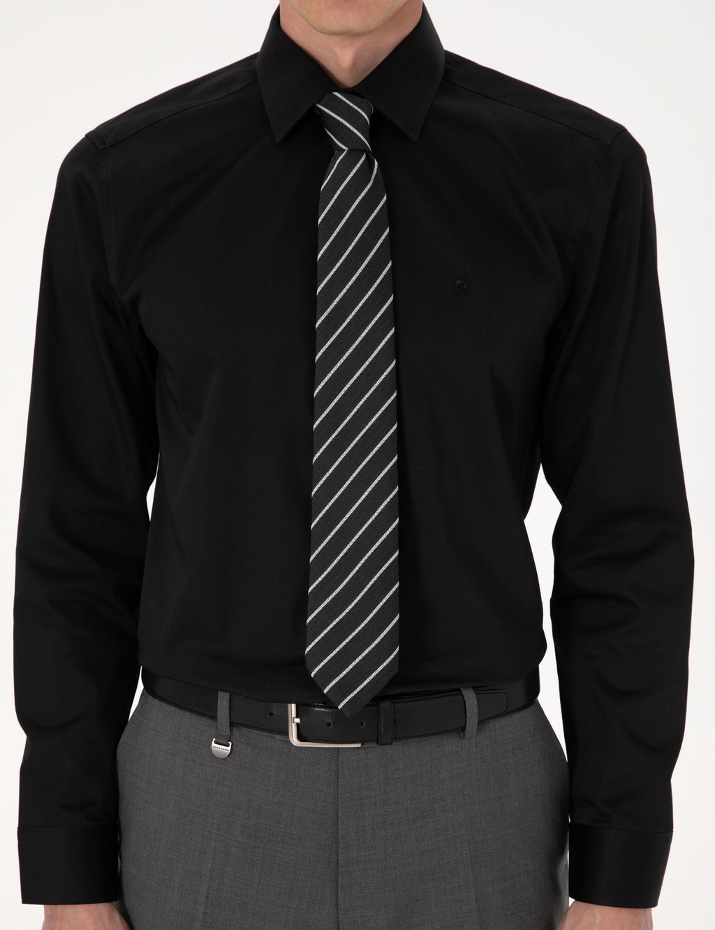 Siyah %100 Pamuk Parlak Saten Slim Fit Uzun Kollu Basic G_mlek