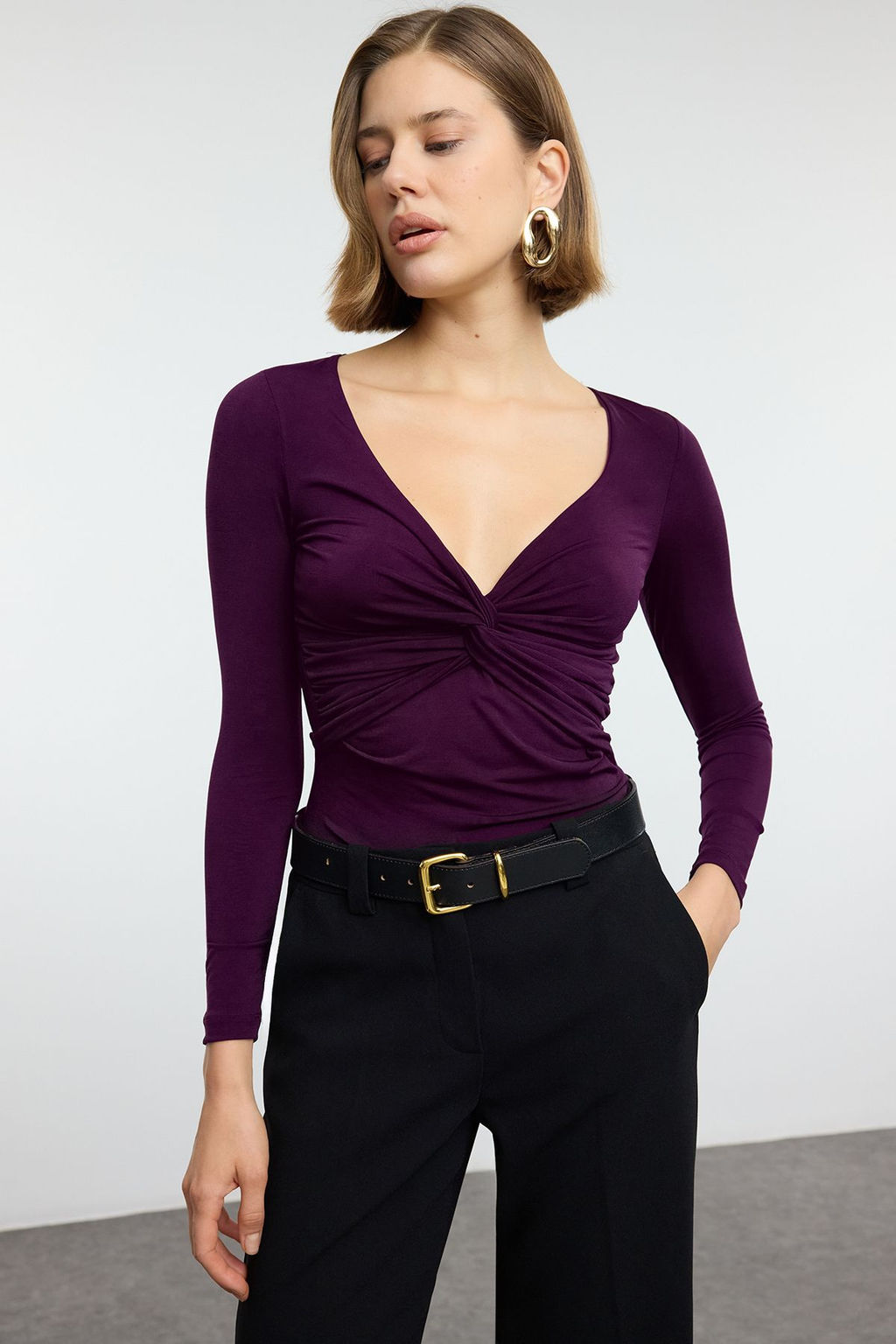 Murdum Buzgu/Drape Detayl? Fitted/Vucuda Oturan Uzun Kollu Esnek Orme Bluz TWOAW25BZ00247