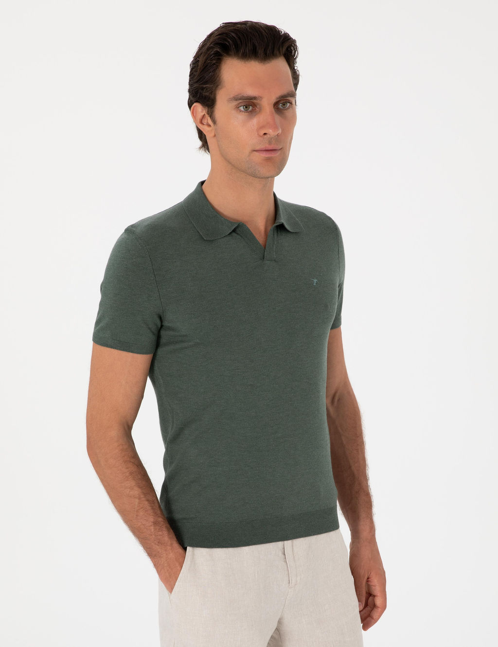 Koyu Ye_il Slim Fit Apa_ Yaka Triko T-shirt