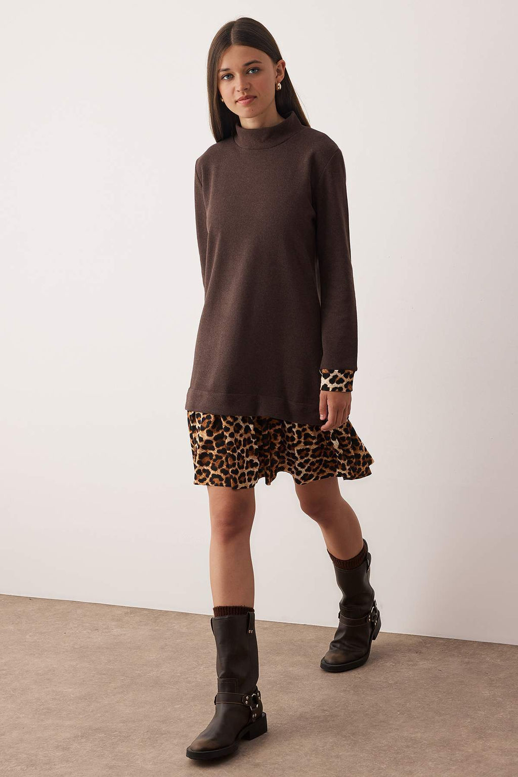 Kahverengi Selanik Dik Yaka Leopar Desenli Mini Orme Elbise TWOAW25EL00282