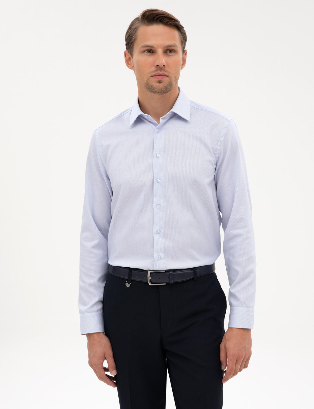 A__k Mavi Non Iron Kolay _t_lenebilir Slim Fit G_mlek