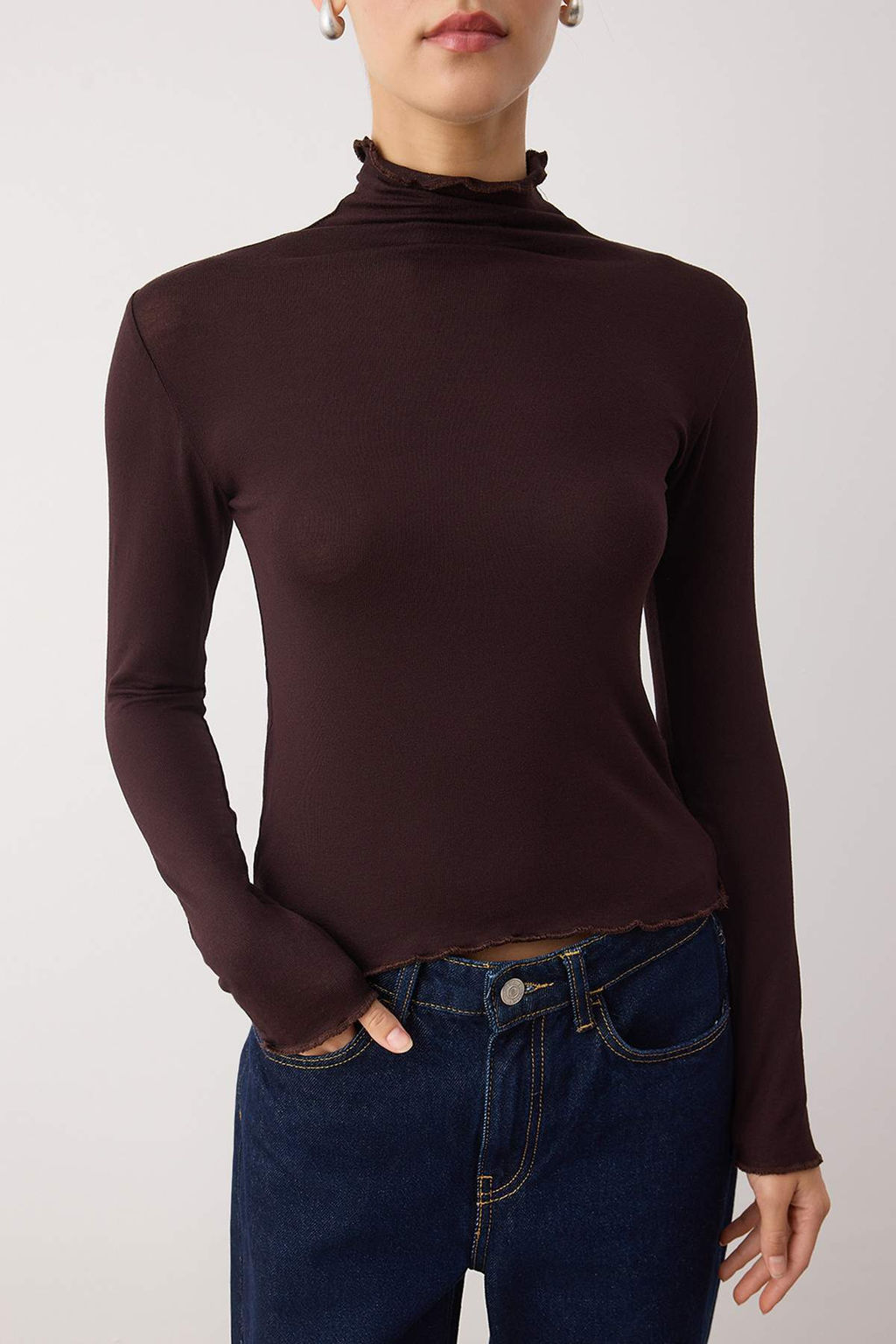 Kahverengi Transparan Dik Yaka Esnek Normal Boy Orme Bluz TWOAW26BZ00266