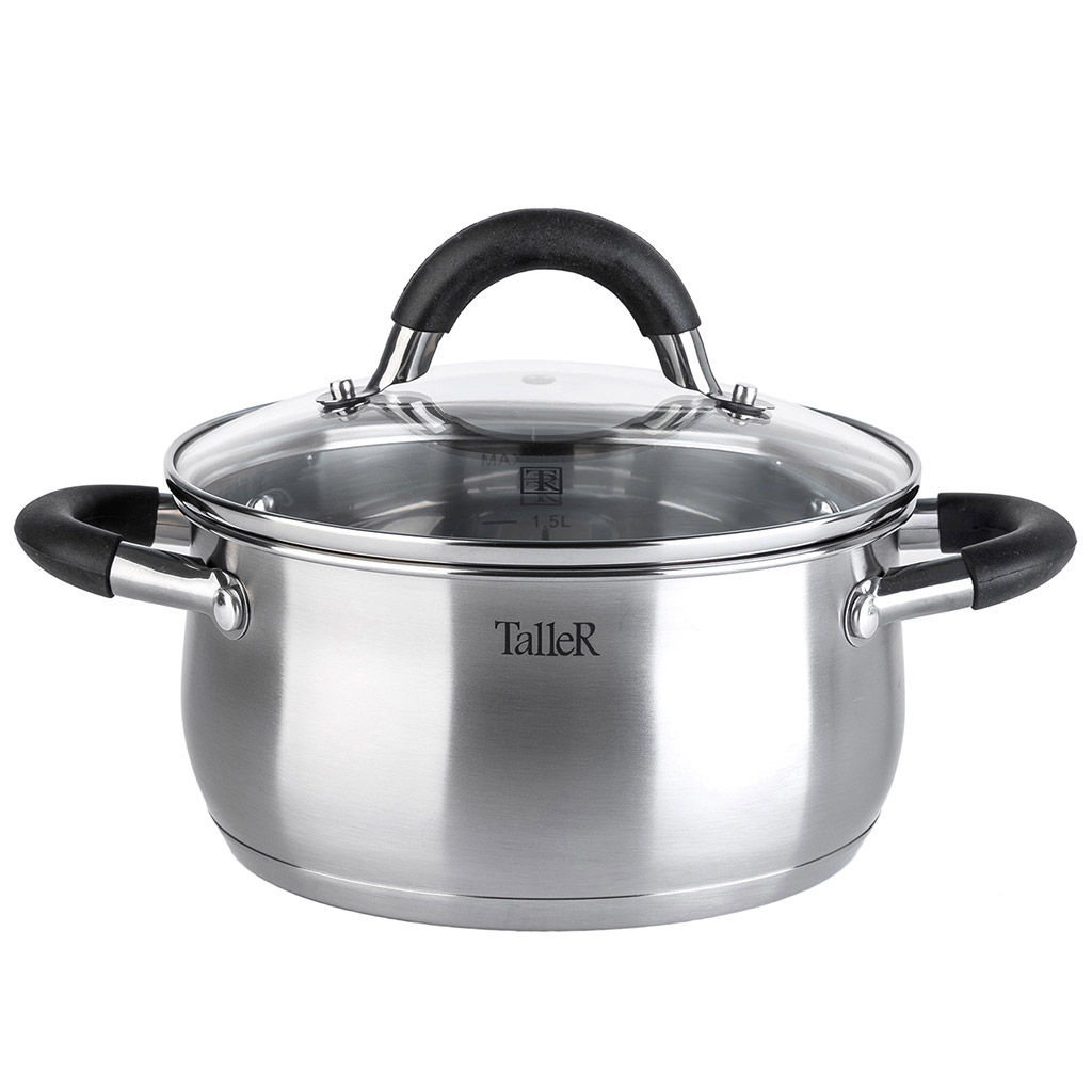 Кастрюля из нержавеющей стали Шелборн 2,2л, д18см, h9см, s0,6мм, дно s2,8мм, стеклянная жаропрочная крышка, стальной обод, пароотвод, силиконовые вставки черного цвета, капсулированное дно, полировка внешняя - матовая, внутренняя - зеркальная, мерн