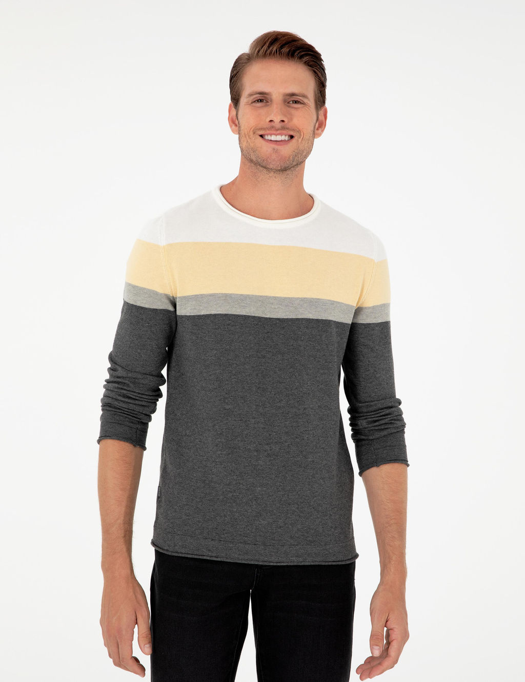 A__k Gri Melanj Slim Fit Bisiklet Yaka Triko Kazak