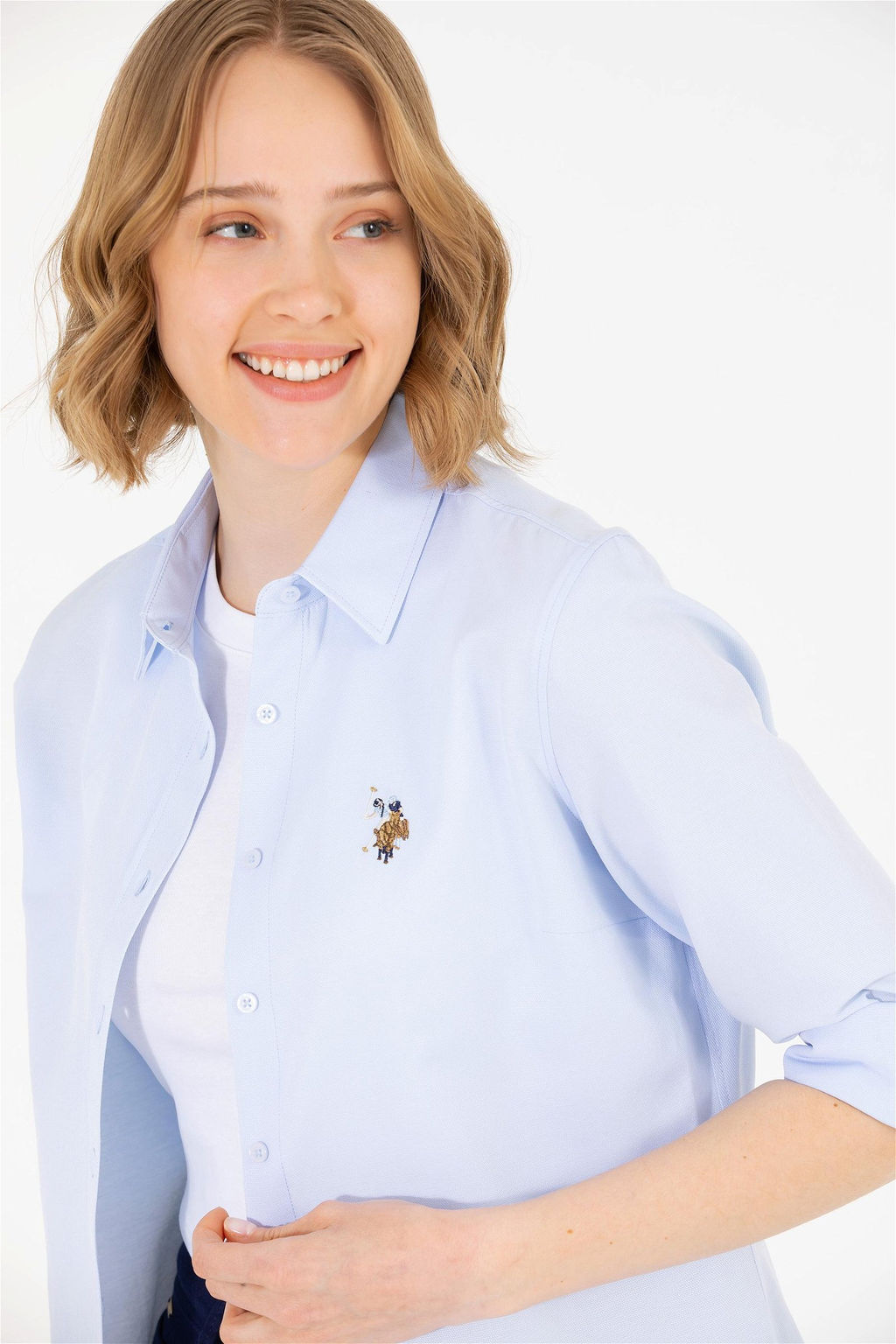 Женская голубая базовая рубашка с длинным рукавом - U.s. polo assn фото 10