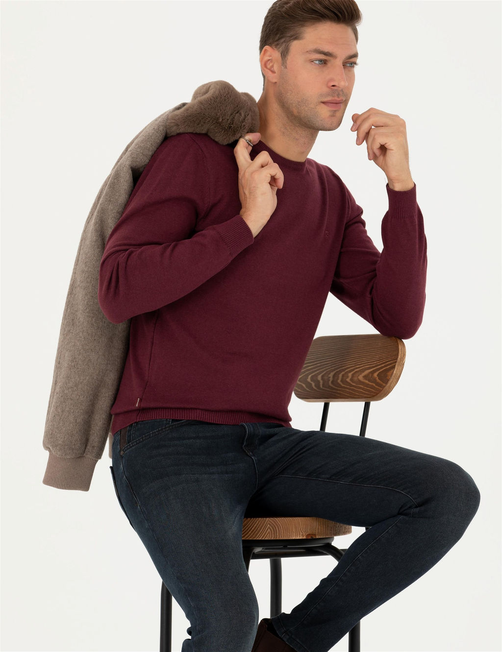 Bordo Slim Fit Bisiklet Yaka Basic Triko Kazak