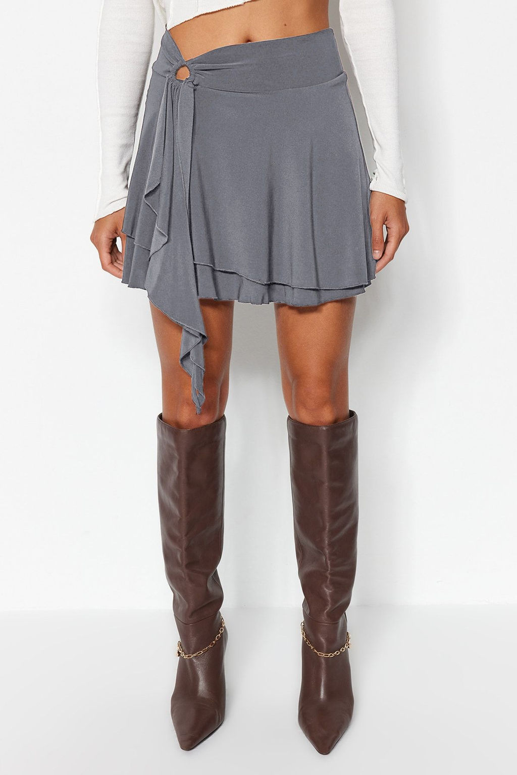 Ac?k Antrasit F?rf?r Detayl? Volanl? Mini Esnek Orme Etek TWOAW24ET00214