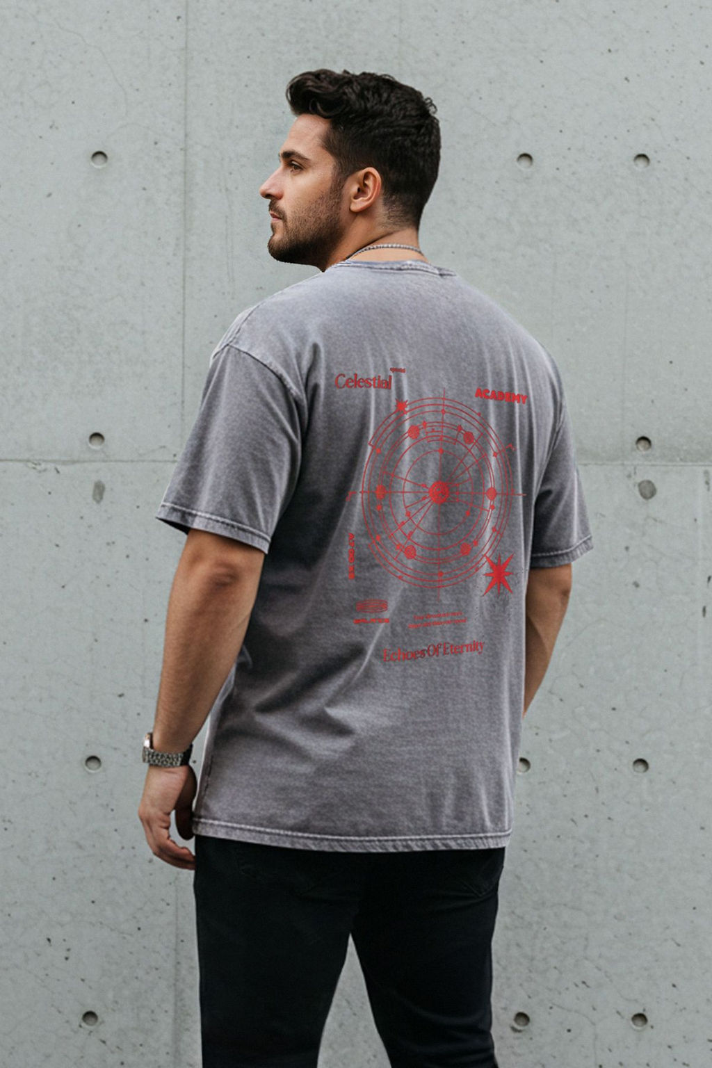 TRENDYOL MAN Antrasit Buyuk Beden Oversize Eskitme/Soluk Efekt Galaksi Bask?l? T-Shirt TMNSS25BF00039