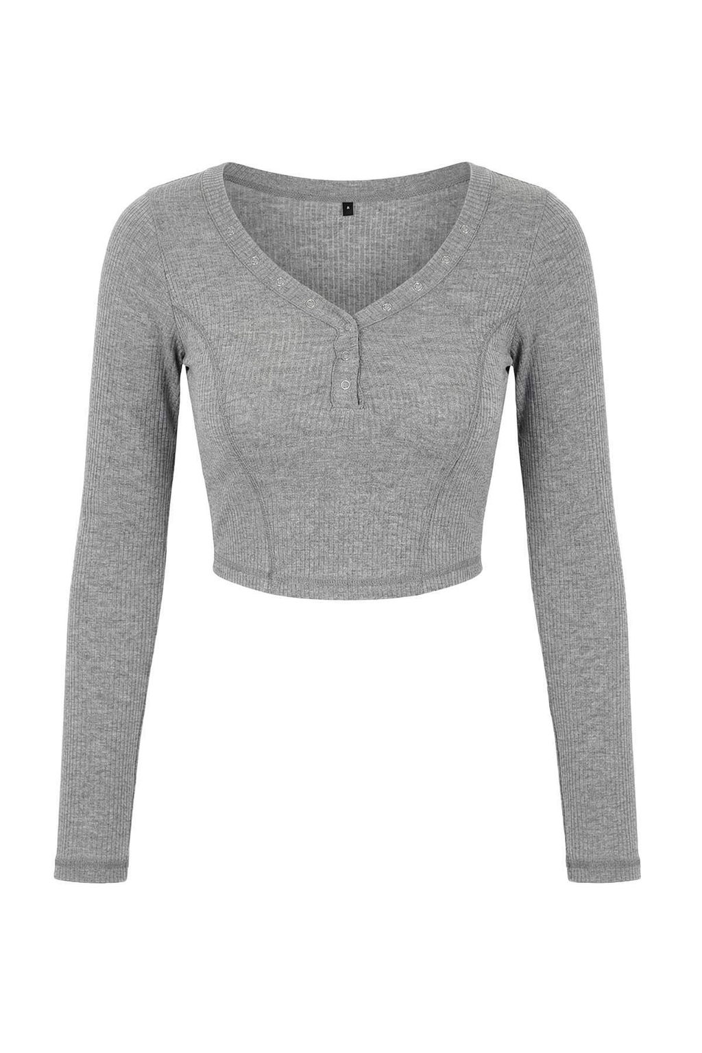 Gri Melanj Fitted/Vucuda Oturan V Yaka C?tc?tl? Crop Premium Yumusak Orme Bluz TWOSS26BZ00056