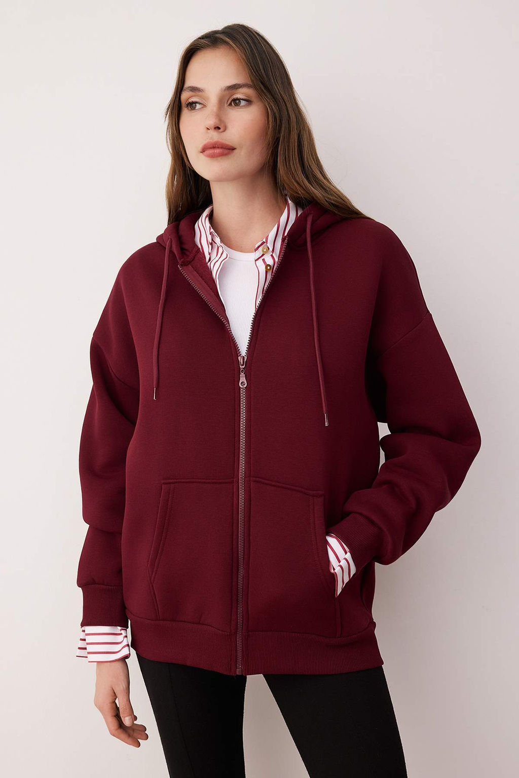 Bordo Oversize/Rahat Kesim Fermuarl? Kal?n Ici Polarl? Orme Sweatshirt TWOAW24SW00188