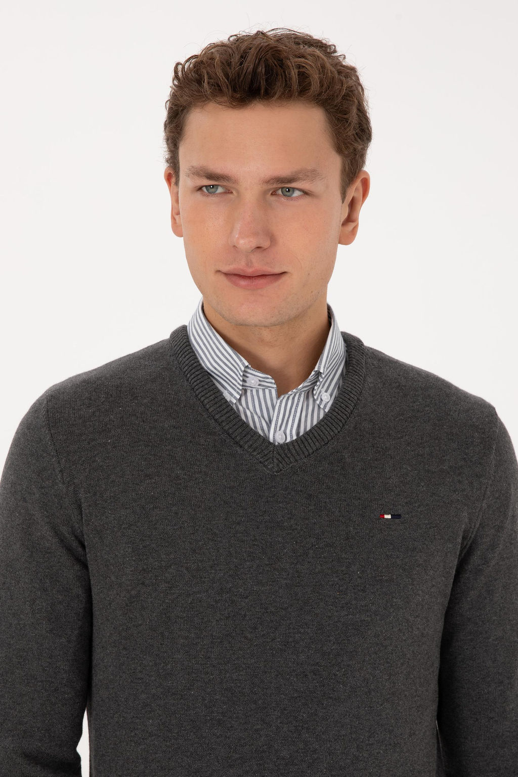 Erkek Slim Fit V Yaka Antrasit Melanj Basic Kazak - U.s. polo assn фото 2