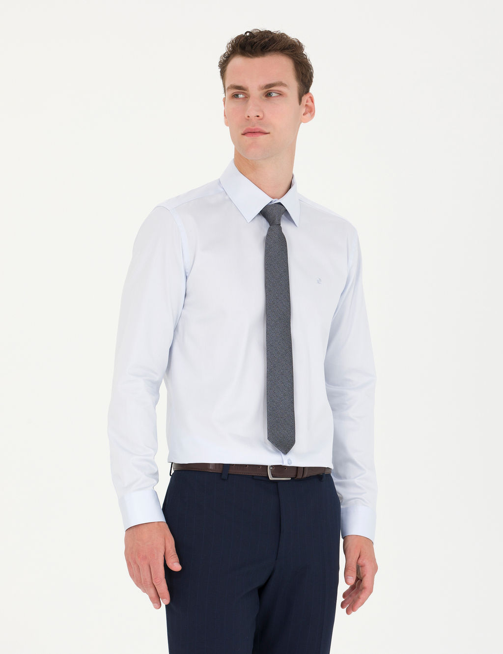 A__k Mavi %100 Pamuk Parlak Saten Slim Fit Uzun Kollu Basic G_mlek