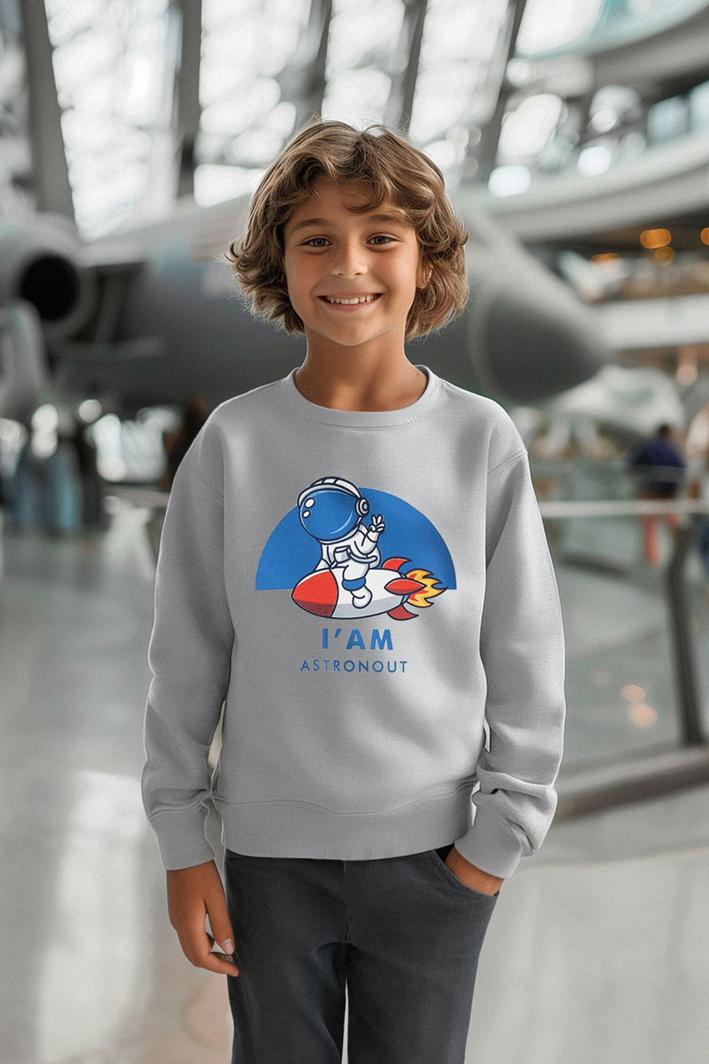 Gri Erkek Cocuk Mevsimlik-Ince Uzay Desenli Bisiklet Yaka Orme Sweatshirt TKDAW25SW00005