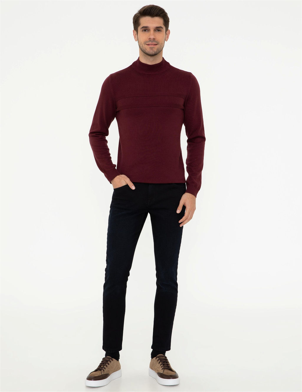 Bordo Slim Fit Yar_m Bal_k__ Yaka Triko Kazak