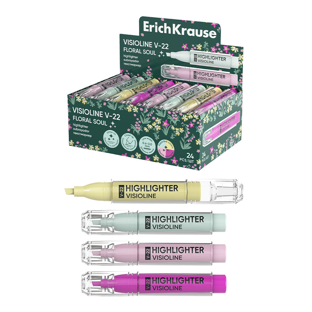 Цена за 24 шт. Текстмаркер ErichKrause Visioline V-22 Floral Soul, цвет чернил ассорти (в коробке-дисплее по 24 шт.)