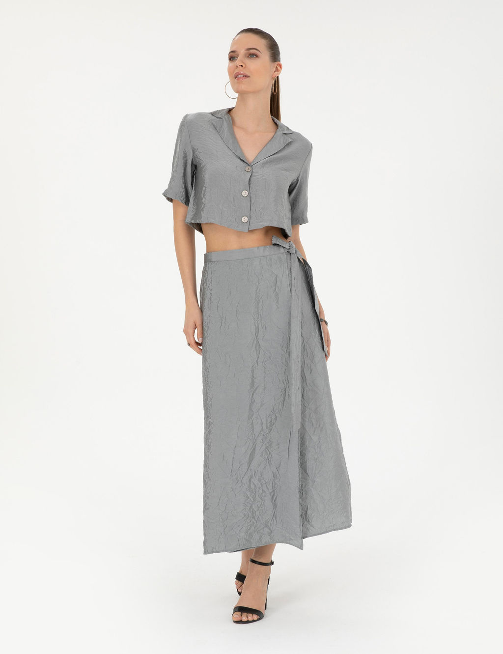 Gri Regular Fit Crop Top K_sa Kollu G_mlek - Pierre cardin фото 4