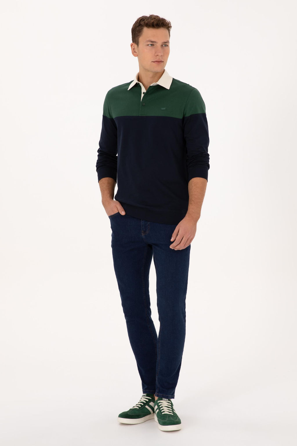 Erkek Regular Fit Polo Yaka Koyu Ye_il Sweatshirt
