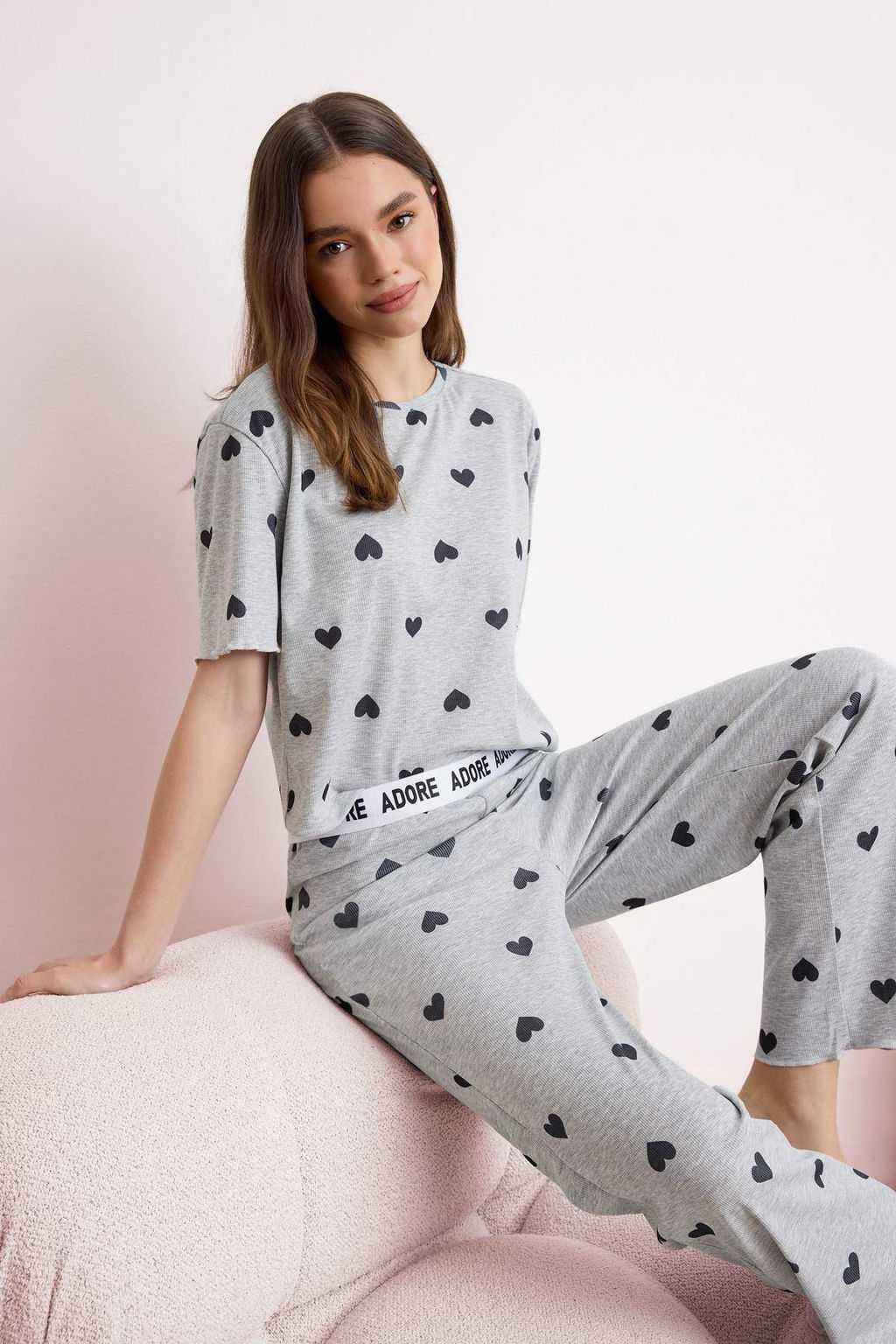 Trendyolmilla Mint Kalpli Slogan Lastik Detayl? Fitilli Orme Pijama Tak?m? THMSS24PT00404 фото 10