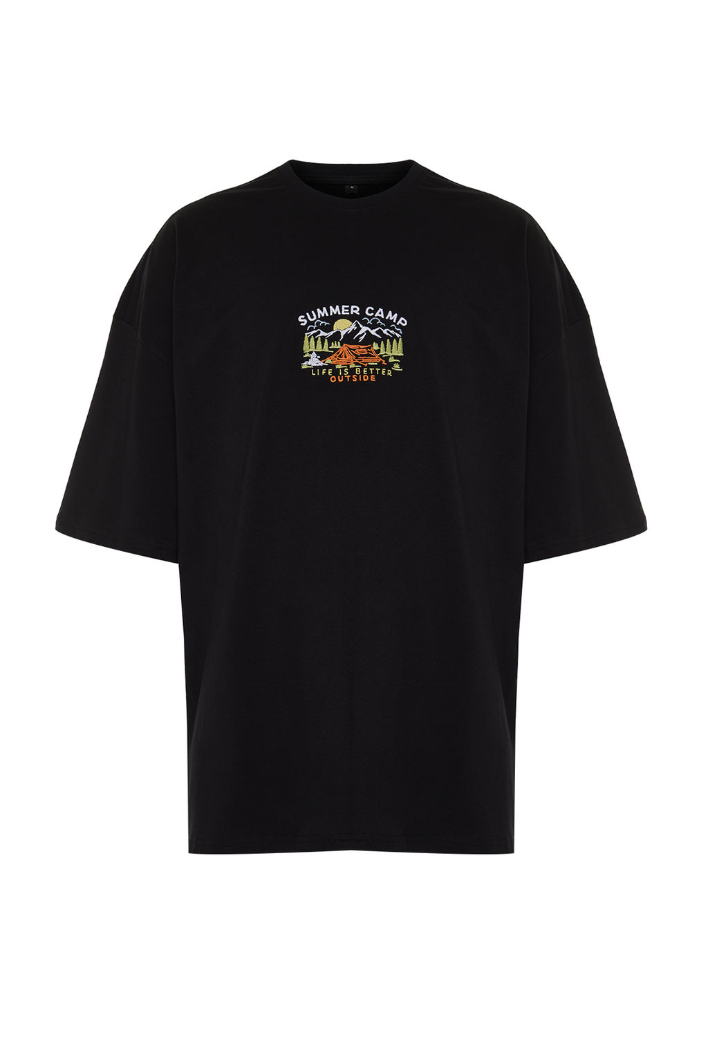 Siyah Oversize/Genis Kesim K?sa Kol Manzara Nak?sl? %100 T-Shirt TMNSS23TS00243