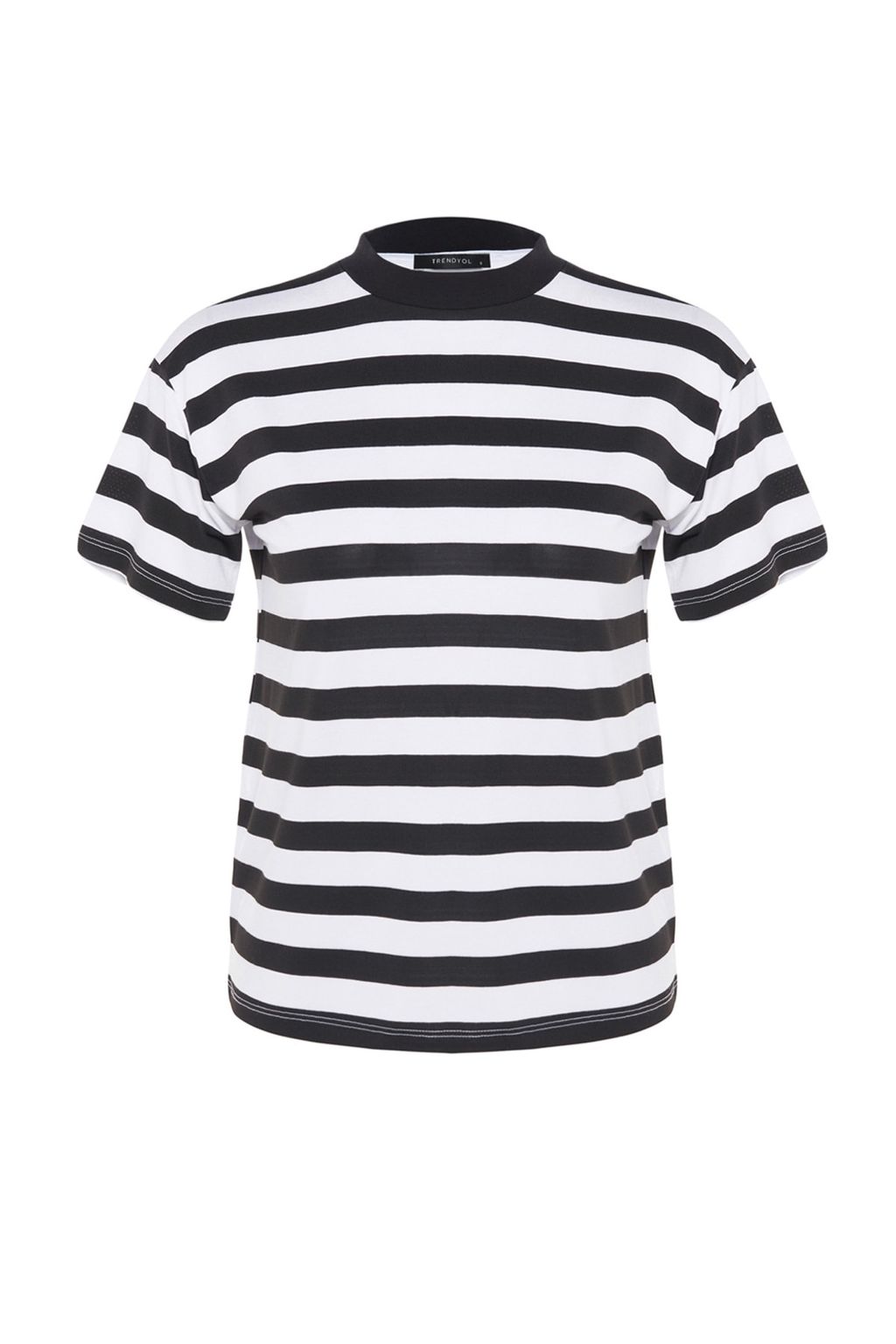 Beyaz-Siyah Beyaz Cizgili 2li Paket Basic Dik Yaka Orme T-Shirt TWOSS20TS1500