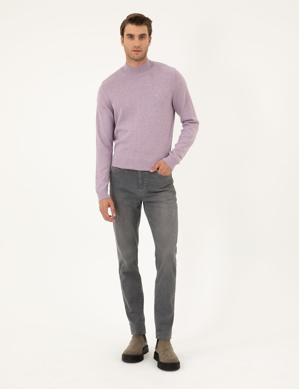 Lila Melanj Slim Fit Yar_m Bal_k__ Yaka Basic Triko Kazak