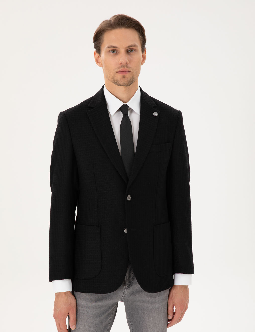 Siyah Y_n Kar___ml_ Slim Fit Ceket