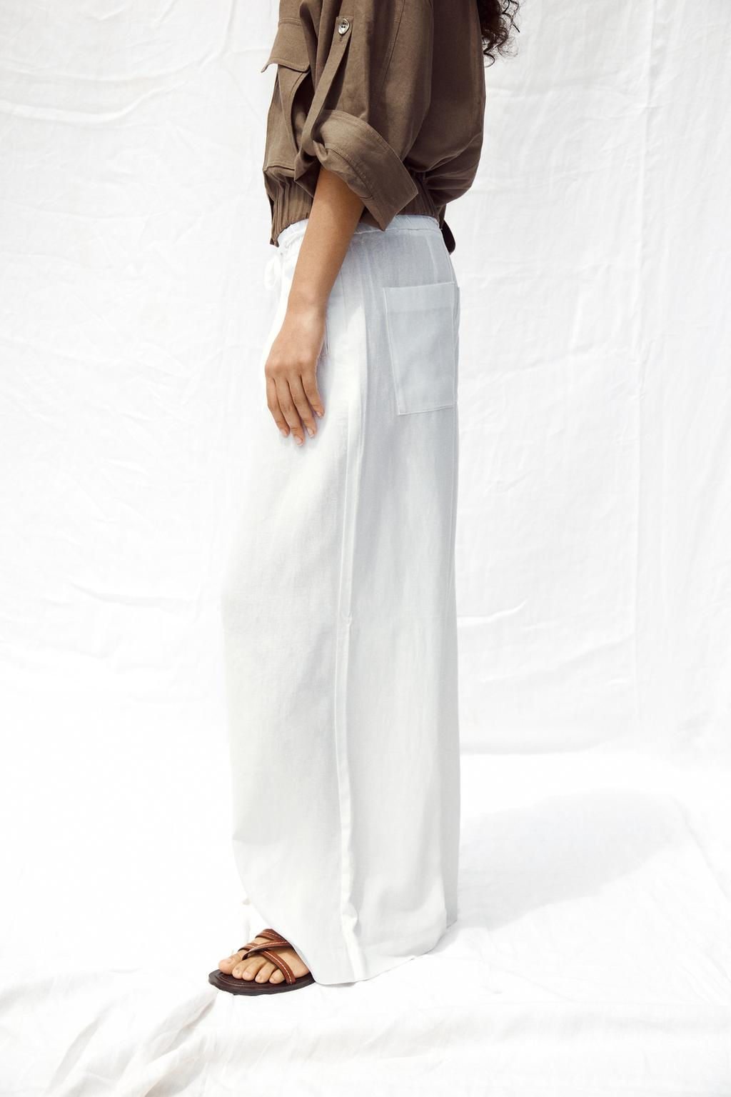LINEN BLEND WIDE-LEG TROUSERS WITH BELT - Zara фото 4