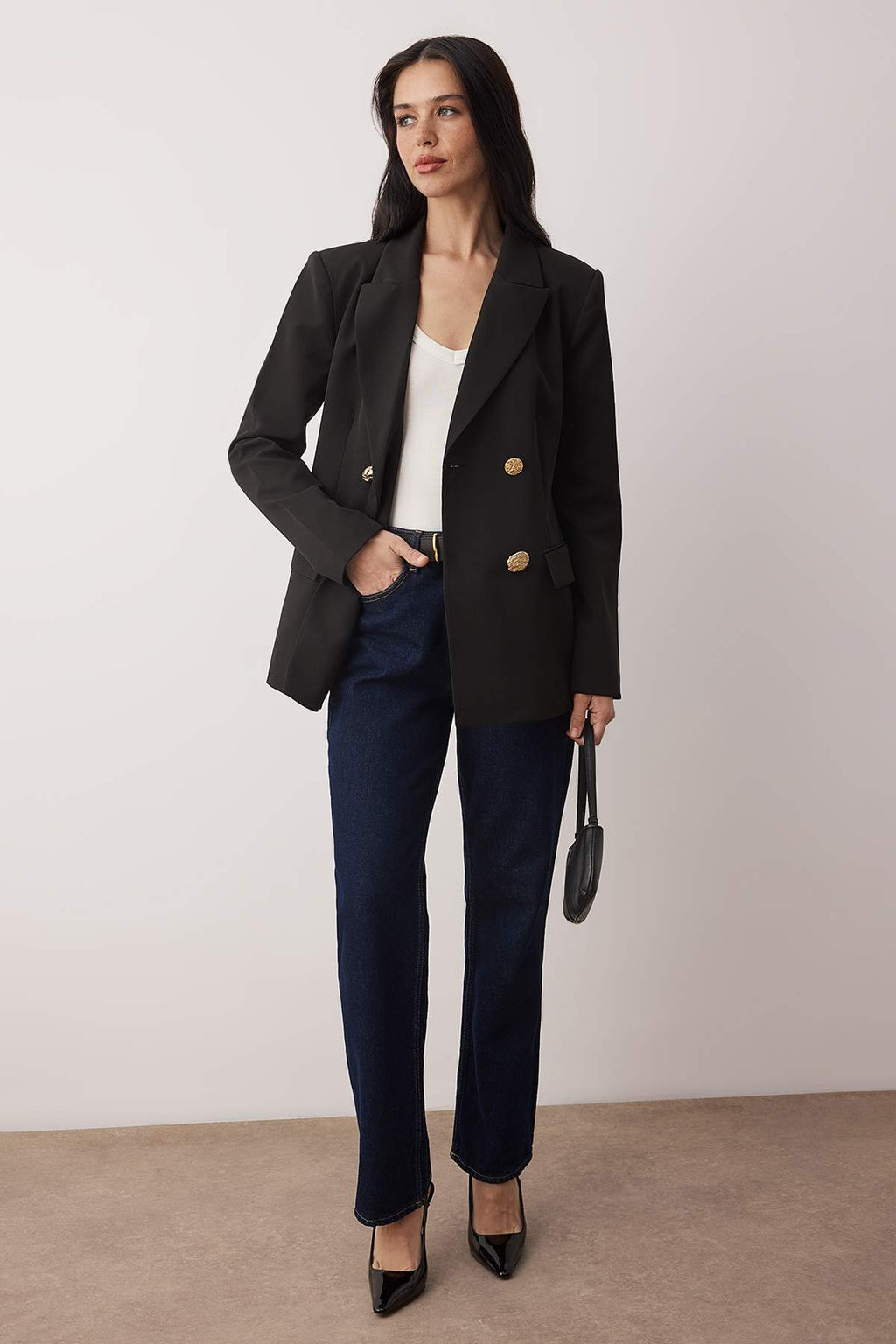 Siyah Aksesuar Dugmeli Dokuma Kruvaze Kapama Blazer Ceket TWOAW26BC00065