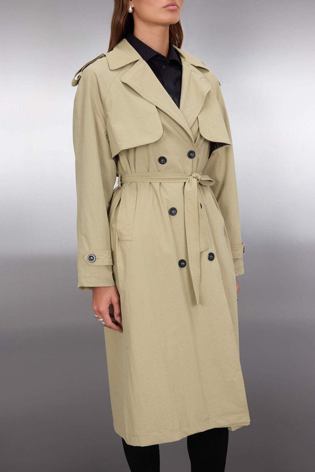 Ac?k Haki Cizgili Astarl? Kruvaze Oversize Uzun Trenckot TWOAW26TR00019 - Trendyolmilla фото 3