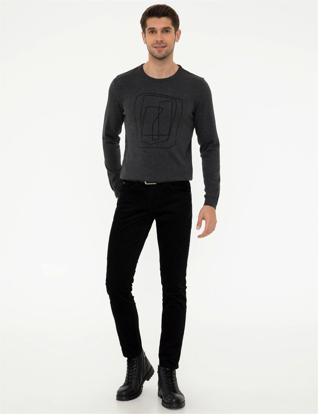 Gri Melanj Slim Fit Bisiklet Yaka Triko Kazak - Pierre cardin фото 5