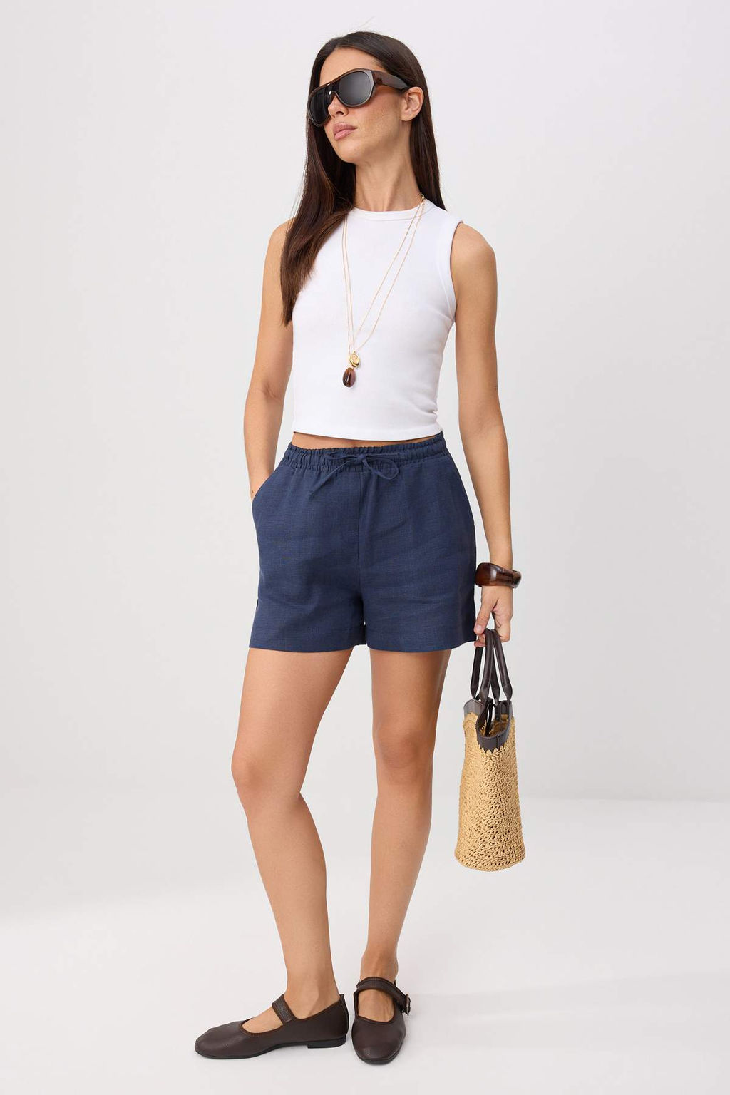 Lacivert %100 Keten _n_ D__me Detayl_ _ort & Bermuda TWOSS26SR00203