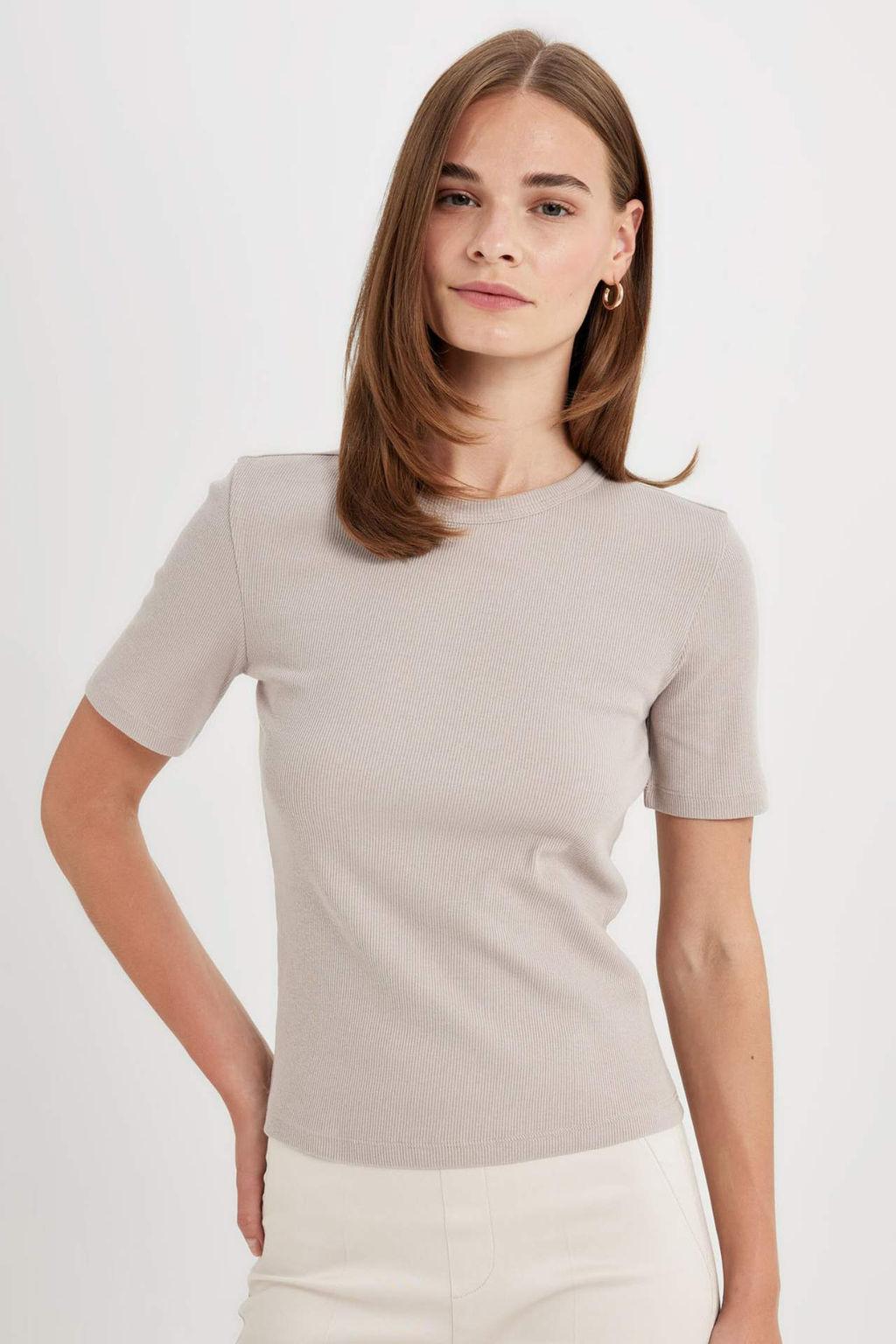 Slim Fit Dar Kesim Bisiklet Yaka Fitilli Kaskorse Basic Duz K?sa Kollu Tisort - Defacto фото 4