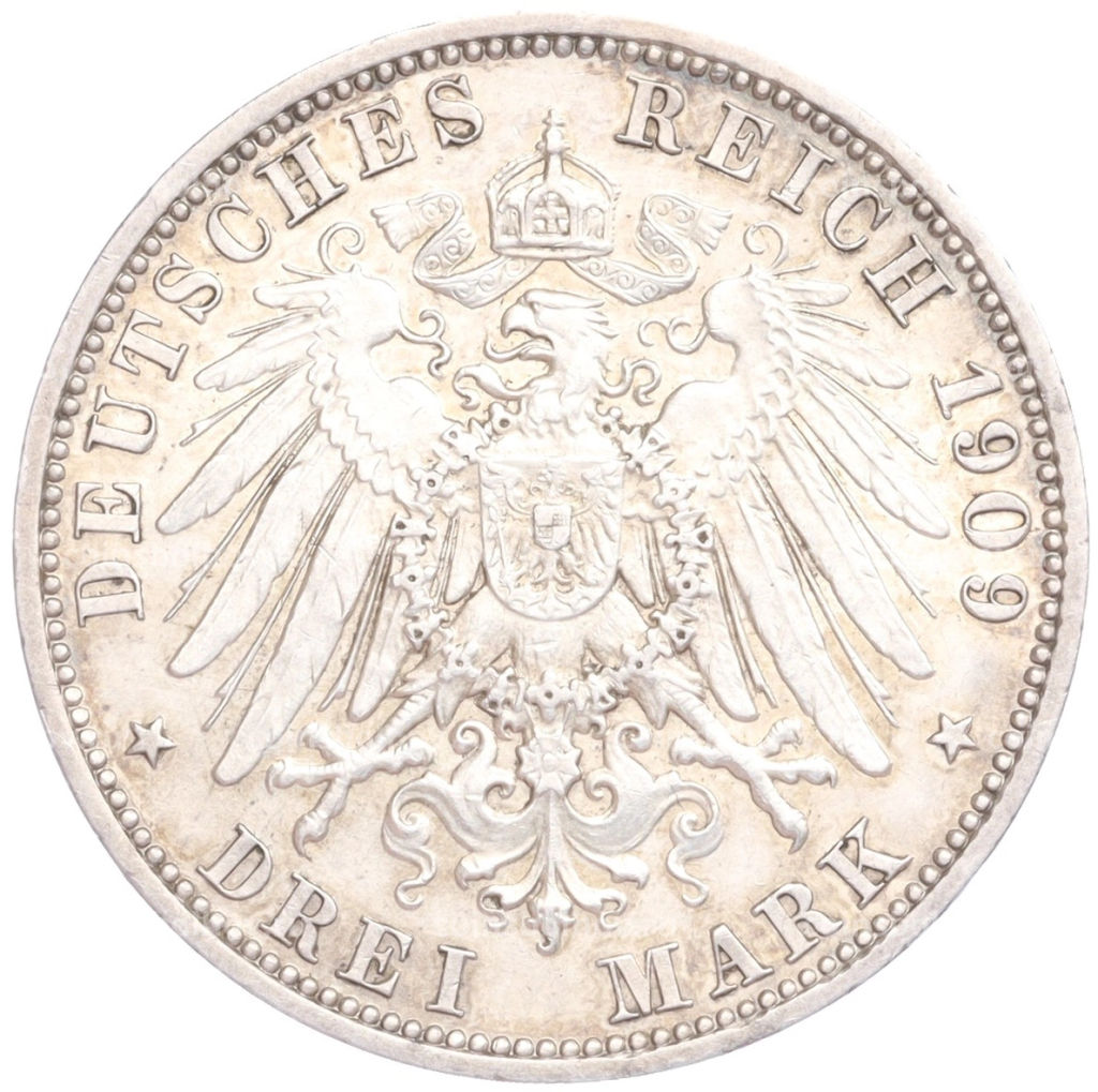 Монета 3 марки 1909 года A Германия (Шварцбург-Зондерсгаузен) Смерть Карла Гюнтера