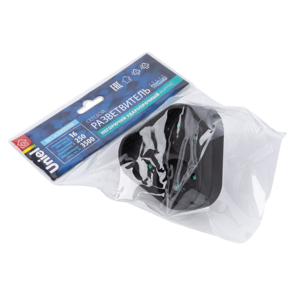 S-ES3-16F BLACK Разветвитель сетевой, б/з. 3 гнезда. 16А, 3500Вт. Черный. ТМ Uniel