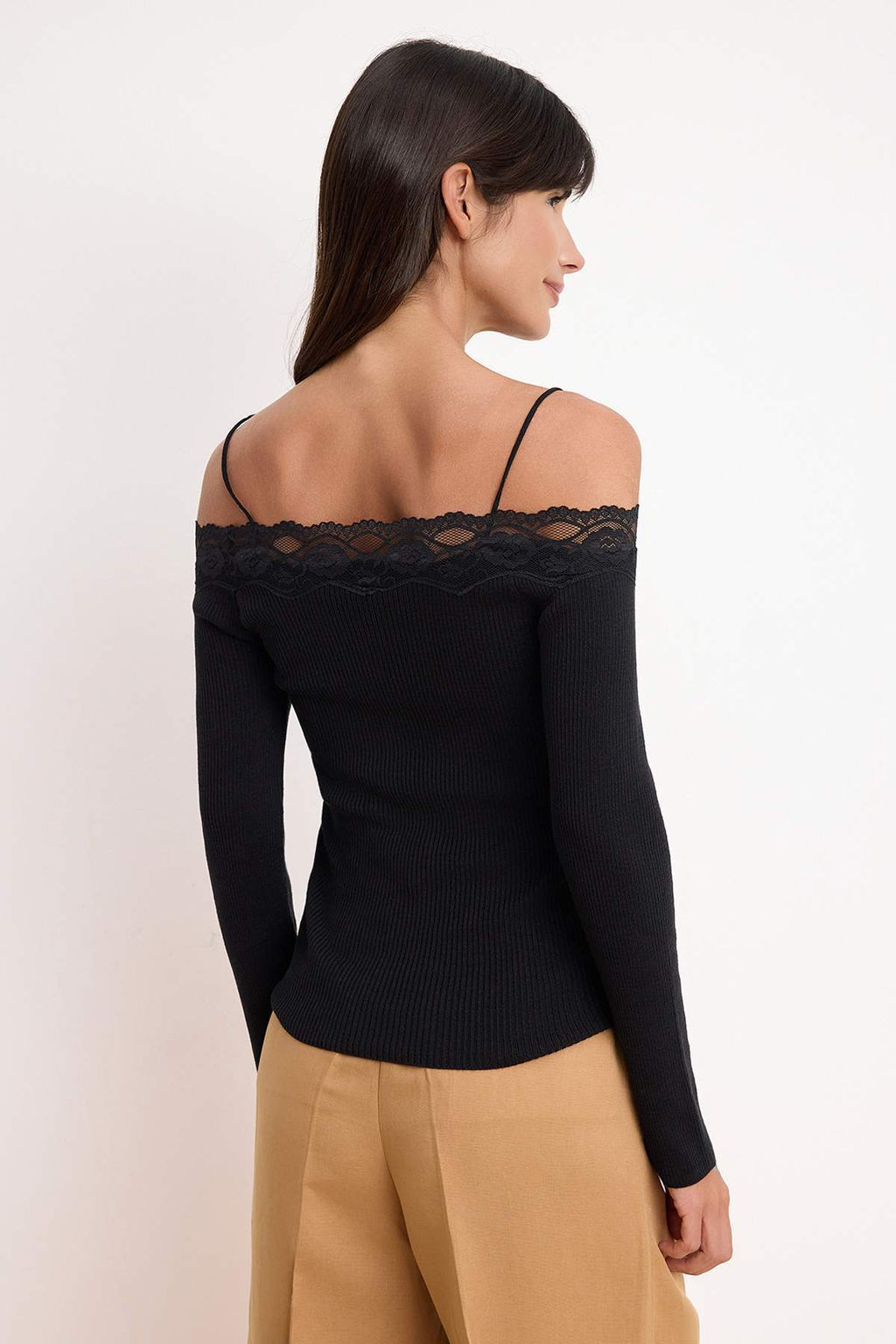 Siyah Dantelli Carmen Yaka Yazl?k Ozel Iplik Triko Kazak TWOSS26KZ00013 - Trendyolmilla фото 4