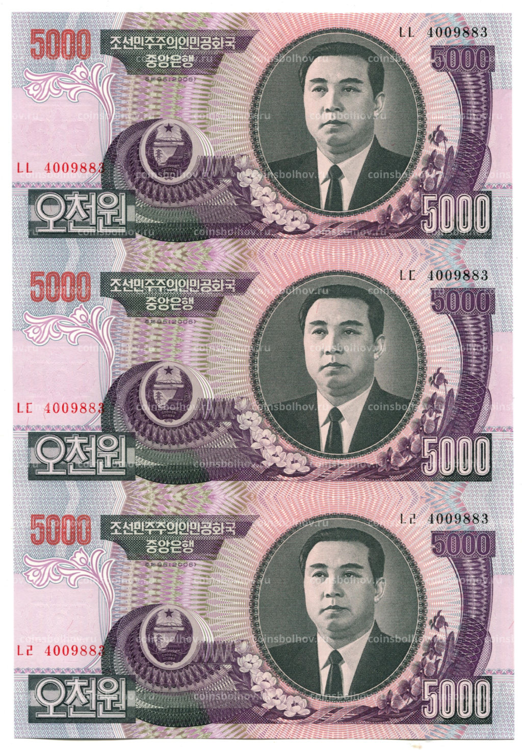 5000 вон 2006 года Северная Корея Лист из трех банкнот