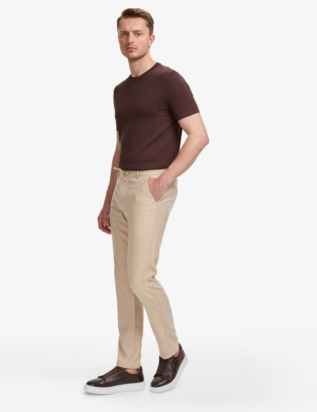 Bej Slim Fit Beli Kordonlu Kanvas Pantolon