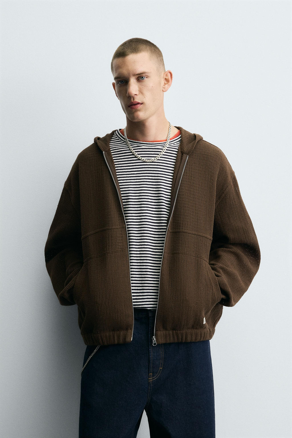 HOODED KNIT TEXTURED OVERSHIRT