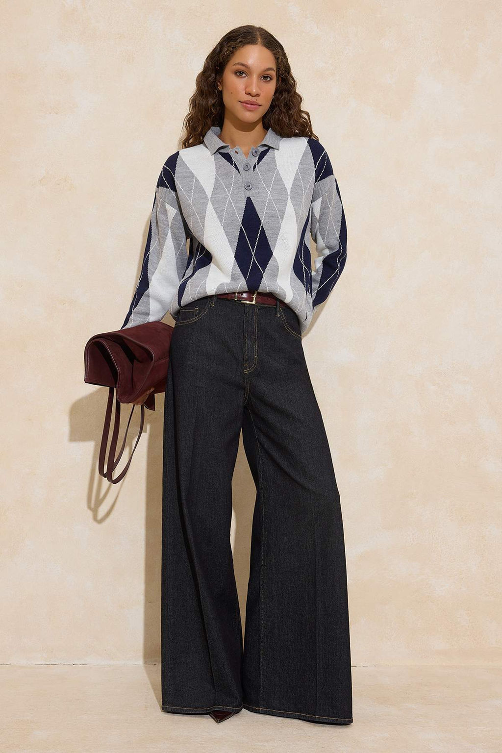 Gri Baklava Desenli Genis Kal?p Triko Kazak TWOAW26KZ00299